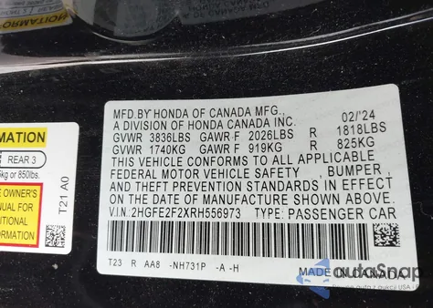 2024 Honda Civic Lx из США, поврежденный, VIN 2HGFE2F2XRH556973